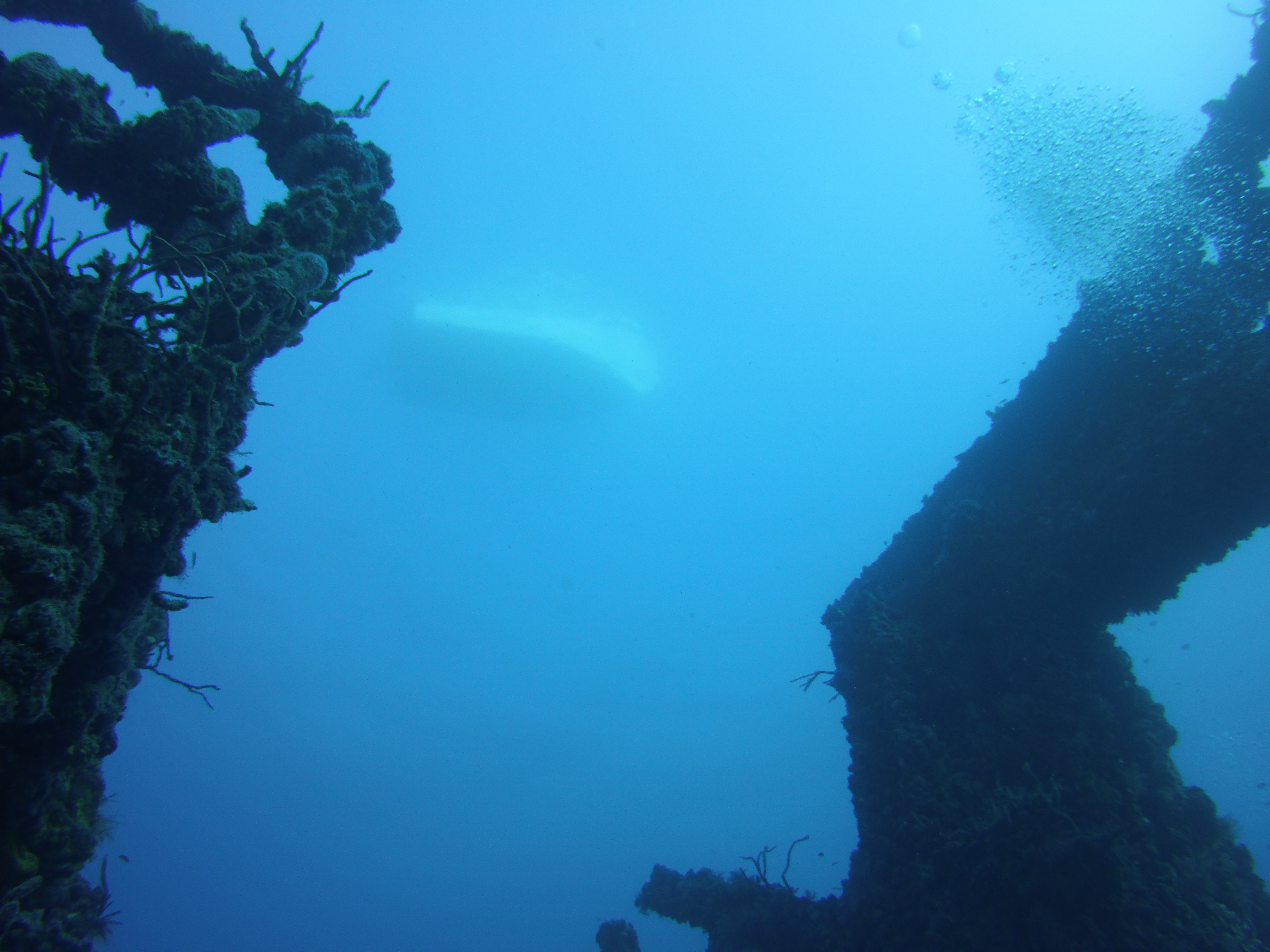 Underwater on the Spiegel Grove wreck showing Island Venture boat on the surface