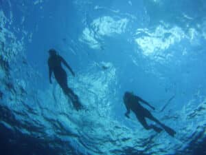 Two snorkelers in the water taken from 20 feet below them by a SCUBA diver